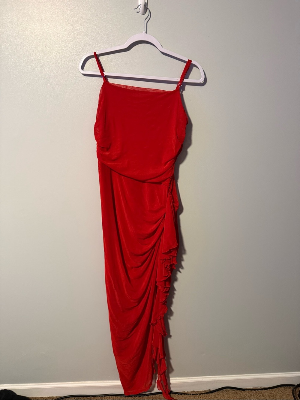 SHEIN Red Asymmetrical Draped Slip Dress with Ruffle Detail